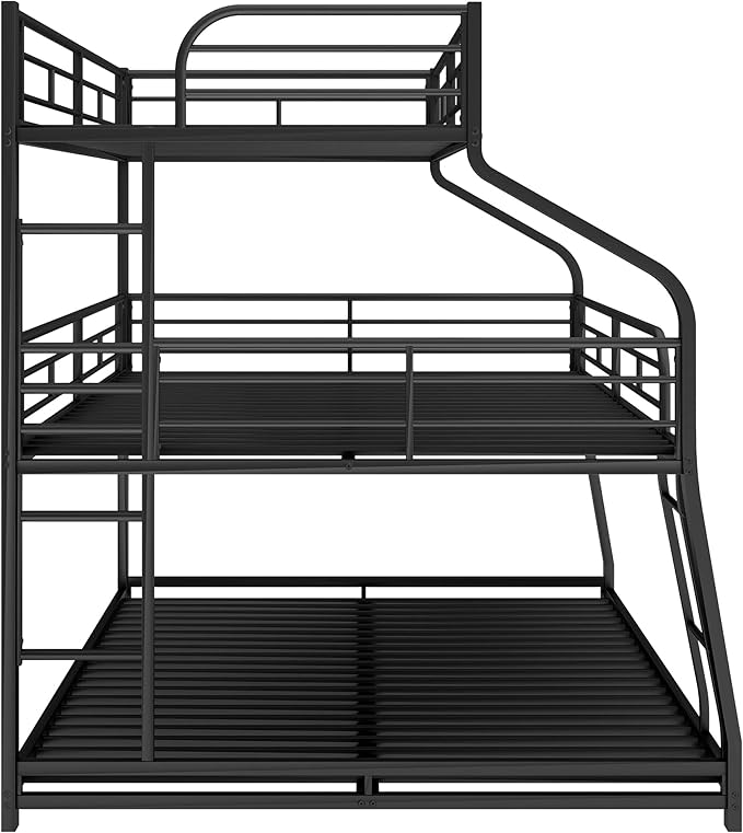 Twin XL/Full XL/Queen Triple Bunk Bed with Long and Short Ladder & Full-Length Guardrails,3 Bed Frame in 1 w/Stairs,Easy Assembly,for Adult Kid Boy Girl Teen,Black