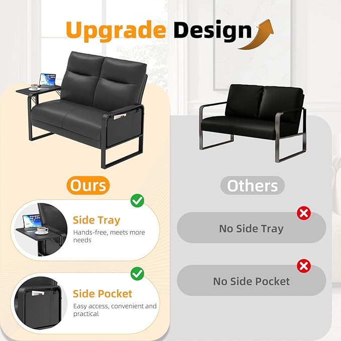 Modern Leather Loveseat, Small Sofa with Side Tray & Pocket, Upholstered Mini Couch for Living Room, Office, Guest Room, Black