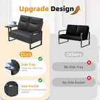 Modern Leather Loveseat, Small Sofa with Side Tray & Pocket, Upholstered Mini Couch for Living Room, Office, Guest Room, Black