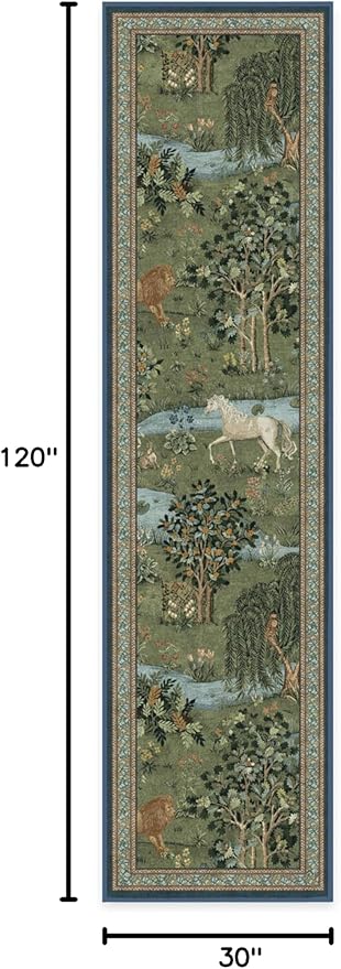 RUGGABLE x Morris & Co Machine Washable Runner Rug – Owl & Willow Green 2.5x10, Stain-Resistant, Non-Slip – Washable Rug for Hallway, Entryway, Living Room & Kitchen–with Cushioned Pad