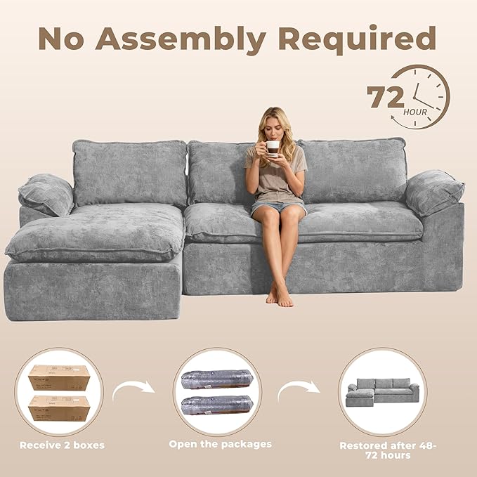 Modular Sectional Sofa, 107.5" L-Shaped Boneless Couch with Deep Seat, Modern Minimalist Upholstered Cloud Sectional Couch for Living Room Bedroom, No Assembly Required, Light Gray Chenille