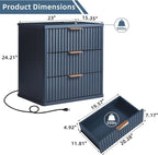 LEYAOYAO 23" Wide Fluted Night Stand with Charging Station, 3 Drawers Large End Table with Storage,Nightstand Wood Bedside Tables, Farmhouse Cabinet Dresser for Bedroom,Closet, Navy Blue
