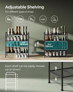 SONGMICS Shoe Rack, 4-Tier Shoe Organizer, Metal Shoe Shelf Storage with 4 Side Hooks, Holds 16 Pairs of Shoes, Height-Adjustable Shoe Rack for Entryway, Hallway, Closet, Easy Assembly, Ink Black