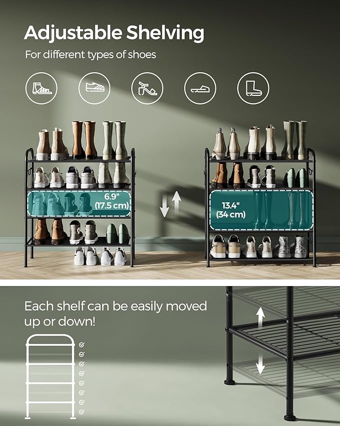 SONGMICS Shoe Rack, 4-Tier Shoe Organizer, Metal Shoe Shelf Storage with 4 Side Hooks, Holds 16 Pairs of Shoes, Height-Adjustable Shoe Rack for Entryway, Hallway, Closet, Easy Assembly, Ink Black