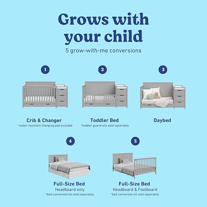 Graco Hadley 5-in-1 Convertible Crib & Changer (Pebble Gray) – GREENGUARD Gold Certified, Fits Standard Crib Mattress, Converts to Toddler Bed and Full Bed, 4 Adjustable Mattress Heights