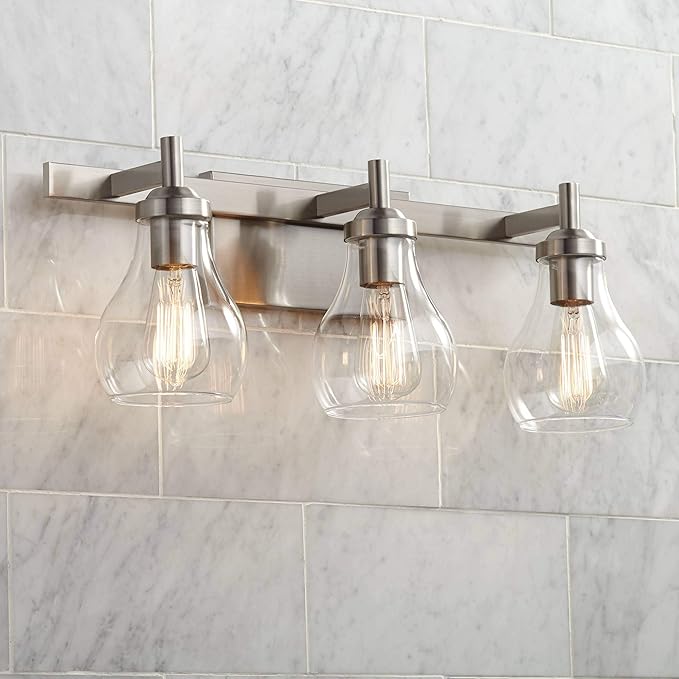 Possini Euro Design Danvers Modern Wall Mount Light Brushed Nickel Silver Hardwired 21" Wide 3-Light Fixture Clear Glass Globe Shade for Bathroom Vanity Mirror House Home Room Decor