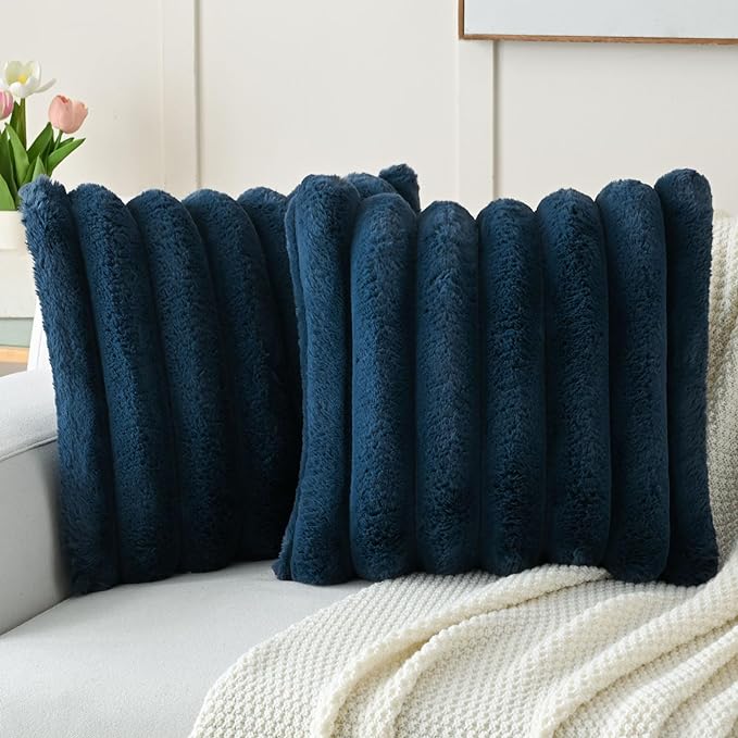 FUTEI Navy Blue Decorative Throw Pillow Covers 20x20 Inch Set of 2, Square Soft Faux Rabbit Fur Thick Striped Cushion Cover,Winter Home Decor for Couch Bed Living Room