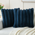 FUTEI Navy Blue Decorative Throw Pillow Covers 26x26 Inch Set of 2, Square Soft Faux Rabbit Fur Thick Striped Euro Pillow Shams,Winter Home Decor for Couch Bed Living Room