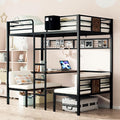 Twin Over Twin Bunk Bed, Convertible Twin Bunk Bed w/Desk & Storage & 2 Seat, Heavy Duty Metal Twin Loft Bed Frame with Safety Guardrails & EVA Padded Ladder for Teens(Cushion not Included)
