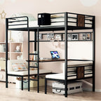 Twin Over Twin Bunk Bed, Convertible Twin Bunk Bed w/Desk & Storage & 2 Seat, Heavy Duty Metal Twin Loft Bed Frame with Safety Guardrails & EVA Padded Ladder for Teens(Cushion not Included)