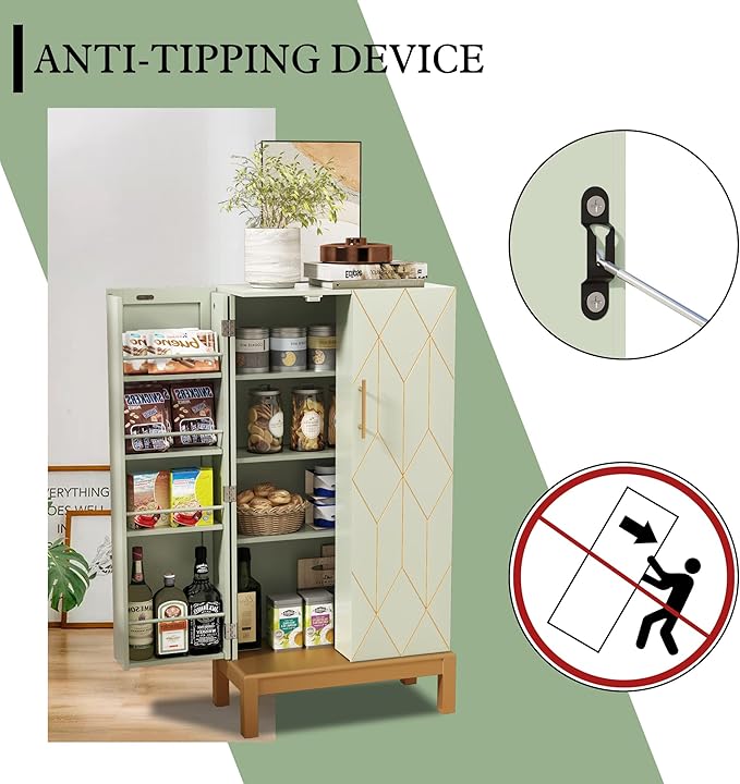 ARTPOWER 45'' Kitchen Pantry Cabinet, 4 - Layer Storage Cupboard with Adjustable Shelves for Storage Cabinet Pantry, Food Pantry Cabinet for Kitchen, Dining Room and Living Room,Gold Legs, Green