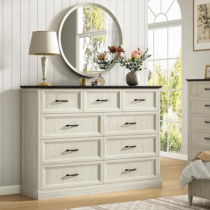 CARPETNAL Farmhouse Dresser and Nightstand Sets for Bedroom, 4 Pcs Bedroom Set, 5 Drawer & 9 Drawer Dresser and Nightstand Set of 2, Wood Chest of Drawers for Living Room, Entryway, White