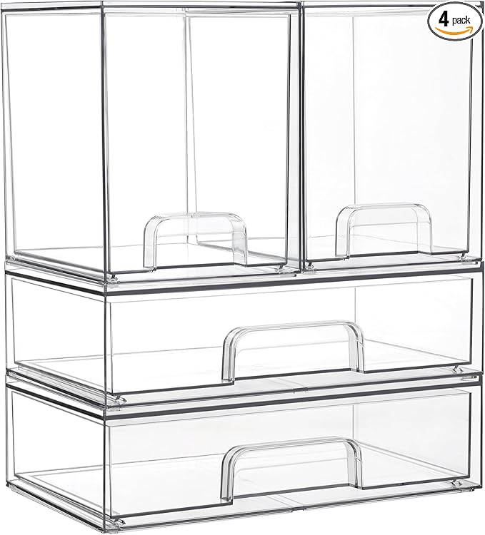 Vtopmart Clear Stackable Storage Drawers Set of 4, Plastic Organizer Bins for Makeup, Cosmetics, Beauty Supplies,Ideal for Vanity, Bathroom,Cabinet,Pantry Organization