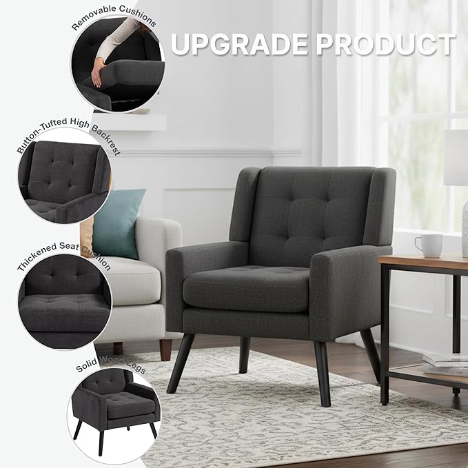 Mid-Century Modern Accent Chair Set of 2, Plush Linen Fabric with Button Tufted High Back & 5" Thick Cushion, High Comfort Reading Chair for Living Room, Bedroom, Office (Dark Gray)