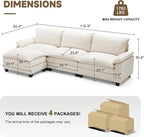 114 Inch Modular Couch Sectionals with Ottoman, Big Comfy Cloud Couches, L Shaped 4 Seat Modular Sectional Sofa, Modern Cloud Sectional Couches for Living Room, Deep Seat Sofa, Beige