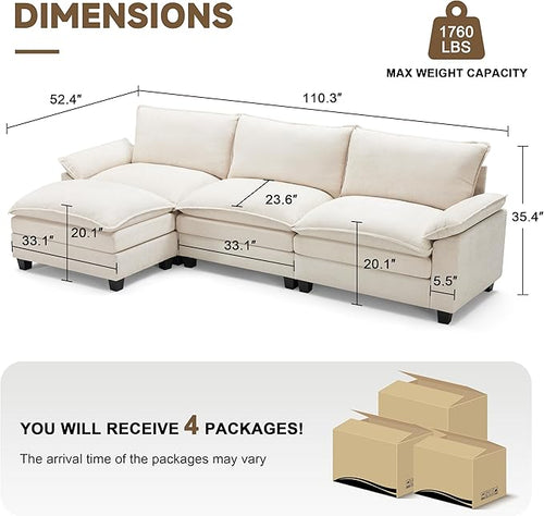 114 Inch Modular Couch Sectionals with Ottoman, Big Comfy Cloud Couches, L Shaped 4 Seat Modular Sectional Sofa, Modern Cloud Sectional Couches for Living Room, Deep Seat Sofa, Beige