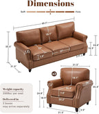 Kingfun 3 Seater Sofa, Mid-Century Modern Faux Leather Couch Set for Living Room, Brown with Rolled Arms & Nailhead Trim, Easy Assembly