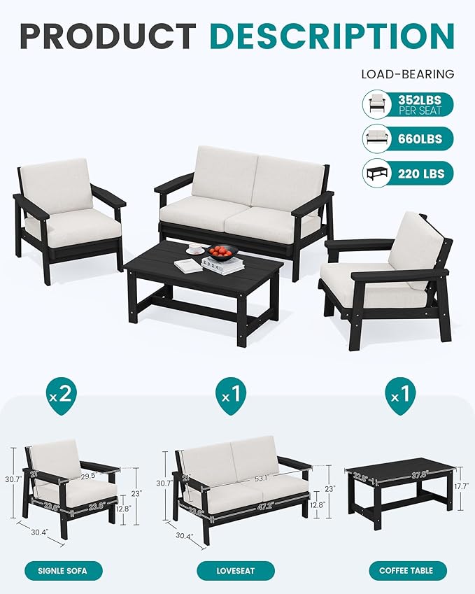 SERWALL HDPE Patio Furniture Set with 15FT Double Side Patio Umbrella, All Weather Wood-Like Outdoor Sofa Sectional Couch, Black Patio Furniture with Khaki Cushions