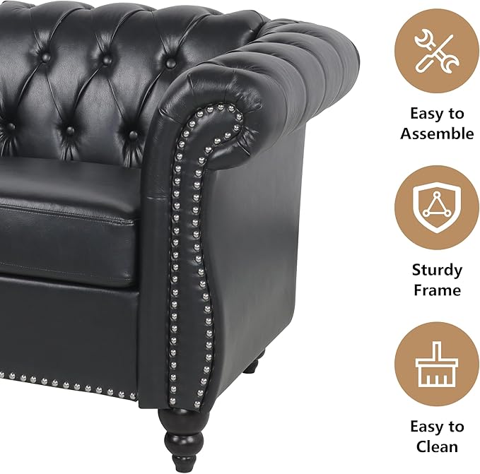 2 Piece Living Room Sofa Set, 3 Seater Faux Leather Sofa Couch and Chair Set, Mid Century Modern Upholstered Couch with Cushions, Vintage Comfy Tufted Chesterfield Couches for Bedroom, Office (Black)
