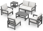 SERWALL HDPE Patio Furniture Set, 7-Piece Outdoor Sectional Sofa Set, All Weather Outdoor Couch Set for Deck, Lawn, Grey Frame with Khaki Cushion