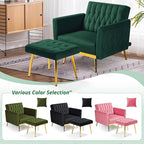 Velvet Accent Chair with Adjustable Armrests and Backrest, Button Tufted Lounge Chair, Single Recliner Armchair with Ottoman and Pillow for Living Room, Bedroom, Green
