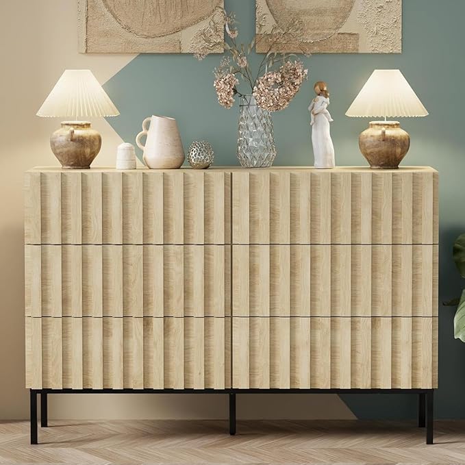 UEV Fluted Dresser for Bedroom with 6 Drawers, 47" Wide Large Chest of Drawers with Metal Stand, Mid-Century Wooden Dresser TV Stand, Closet Storage Organizer for Living Room, Hallway (Ivory White)