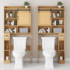 Over The Toilet Storage Cabinet, Farmhouse Rattan Storage Cabinet Over Toilet with Sliding Doors & Toilet Paper Holder Stand, Home Space-Saving Toilet Rack, for Bathroom, Laundry(Rattan Oak).