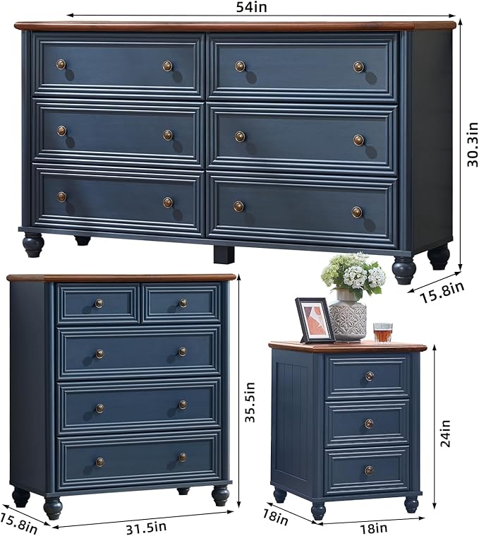 Farmhouse Dressers & Night Stand Set of 4, Wood 54" Wide 6 Drawer Dresser & 35" Tall Chest of Drawers, 18" Roman Column Nightstand Set of 2, Bedroom Furniture Dresser Sets for Home Living Room Hallway