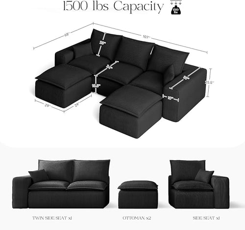 107" Comfy Cloud Couch with U-Shape Chaise & Deep Seat, Modular Sectional Sofa in a Box, Boneless Upholstered Couches for Living Room, No Assembly Required (Soft Corduroy, Black)