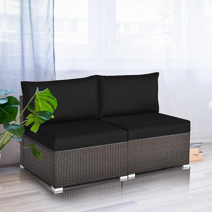 COSTWAY 2PCS PE Rattan Armless Sofa, Wicker Patio Conversation Set Chairs with Soft Cushion, Outdoor Sectional Furniture for Yard, Poolside (Black)