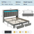 Allewie Velvet Vertical Tufted Full Size Upholstered Platform Bed Frame with 2-Tier LED Storage Headboard & 2 Storage Drawers, USB & Type-C Charging Ports, Noise-Free/No Box Spring Needed, Grey