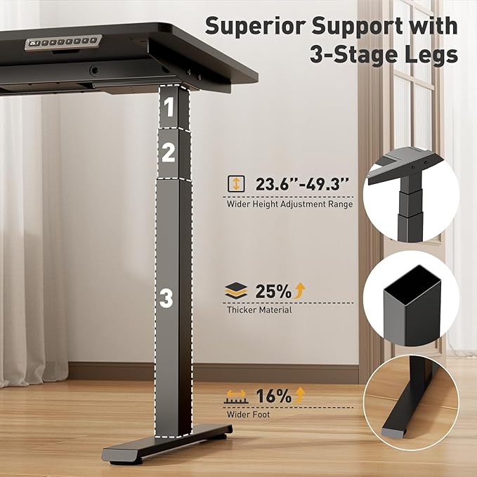 3 Stages Dual Motor Electric Standing Desk with One Piece Desktop, 48 x 24 Inch Adjustable Height Sit to Stand Up Desk for Home Office, Work & Study, Black Frame & White Desktop (2 Packages)
