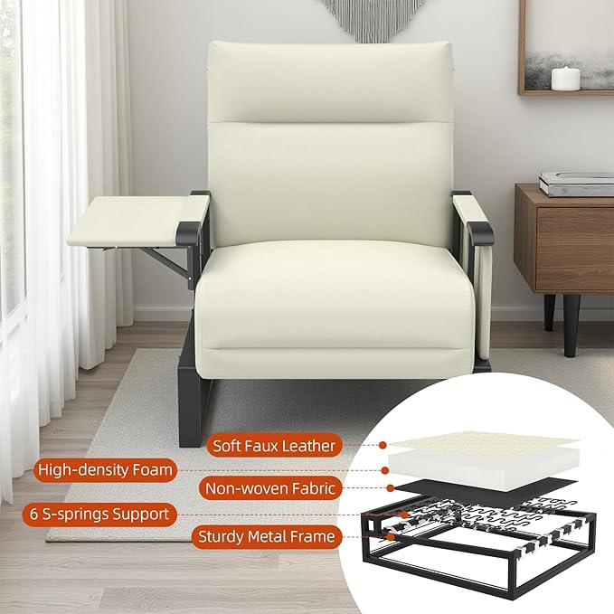 Upholstered Accent Chairs Set of 2, Modern Faux Leather Sofa Chairs with Foldable Side Tray Table & Storage Pocket, Small Accent Sofas for Living Room, Bedroom, Beige