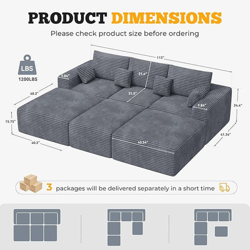 113" Modular Sectional Sofa Bed, Convertible Cloud Couches for Living Room with Ottoman, 6 Seater Corduroy Boneless Couch Sleeper Sofa Set, No Assembly Required, Grey 1 PCS