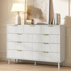 CARPETNAL Fluted 9 Drawer Dresser for Bedroom, 55" Wide Wooden Chest of Drawers with Rounded Corners, Gold Handles, Modern Storage Organizer for Bedroom, Hallway(White)