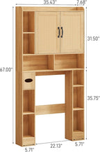 Vabches Farmhouse Style Rattan Over-The-Toilet Storage Cabinet with 2 Rattan Doors, Toilet Paper Holder - Space-Saving Oak Bathroom Organizer.