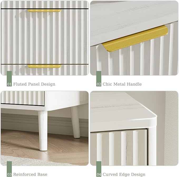LYNSOM Fluted Dresser and Nightstand Set, 3 Pieces Bedroom Set, 55 Inch Wide 6-Drawer Dresser & 2-Drawer Nightstands Set of 2, Modern Dressers Set for Bedroom, Hallway, White