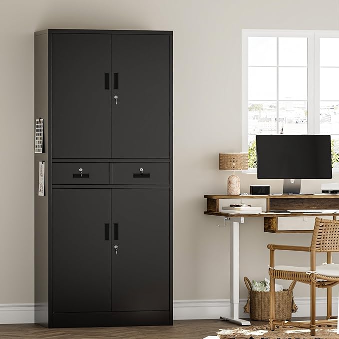 Metal Storage Cabinet，71" Garage Storage Cabinet with 2 Locking Drawer and 4 Adjustable Shelves ，Black Tool Cabinet，Lockable File Steel Cabinet for Home, Office, Gym, School.