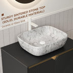 30 Inch Bathroom Vanity with Sink, Floating Fluted Vanity with Vessel Sink, Modern Bathroom Vanity Cabinet with 2 Doors, Marble Pattern Ceramic Sink & Sintered Stone Top, Black
