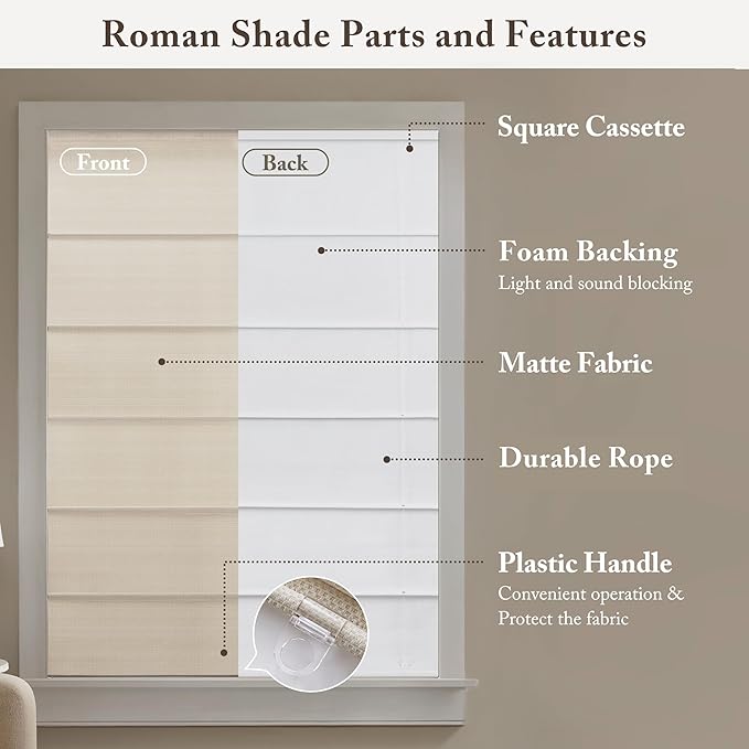 Madison Park Galen Matte Linen Cordless Roman Shades - Fabric Privacy Single Panel Darkening, Energy Efficient, Thermal Insulated Window Blind Treatment, for Home, Living Room Decor, 34" W x 64" H