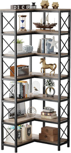 Tribesigns 7-Shelf Corner Bookshelf,Large Modern Corner Bookcase, 7-Tier Tall Corner Shelf Storage Display Rack with Metal Frame for Living Room Home Office (Grey)