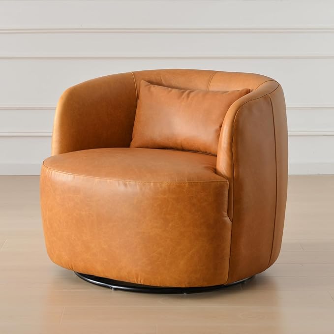 KINWELL 100% Top Grain Genuine Leather Swivel Barrel Armchair No Assembly Modern Upholstered Leather Swivel Accent Chairs with Toss Pillow for Living Room Office Lounge, Camel