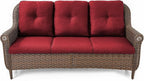 Patio Couch Outdoor Wicker Sofa - Heavy Duty All-Weather Brown Rattan 3-Seater with High Back and Comfortable Thick Cushions for Garden Back Porch Poolside Apartment - Red