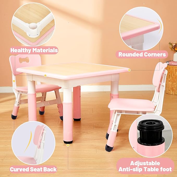 FUNLIO Kids Table and 2 Chairs Set, Height Adjustable Toddler Table and Chair Set for Ages 3-8, Easy to Wipe Arts & Crafts Table, for Classrooms/Daycares/Homes, CPC & CE Approved (3pcs Set) - Pink
