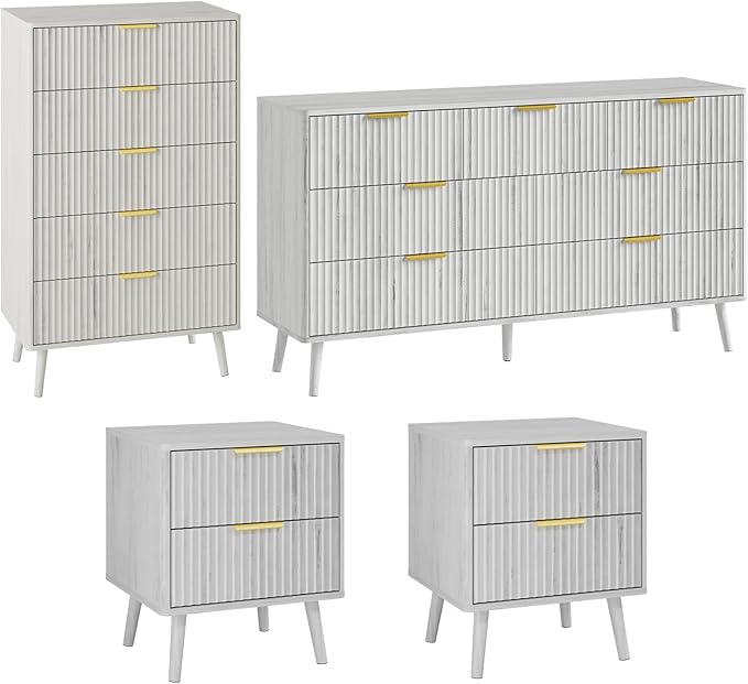 LYNSOM Fluted Dresser and Nightstand Sets 4 Piece, 2-Drawer Nightstands and 5/7 Drawers Dresser, Wood Bedroom Furniture Set for Home, Bedroom, Hallway, White