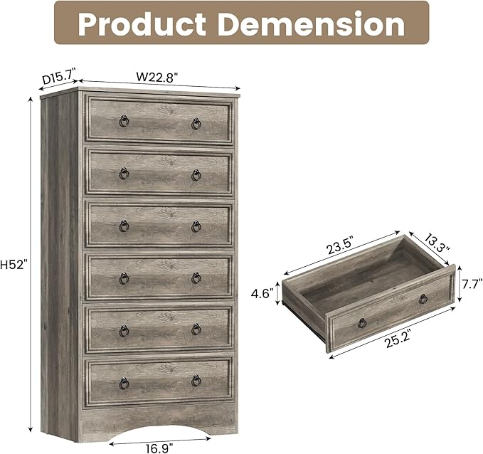6 Drawer Dresser 52" Tall for Bedroom, Wood 6 Chest Drawers, Storage for Clothes, Narrow Large Drawers, Taupe Vintage, for Living Room, Bedroom, Hallway, Brownish Grey