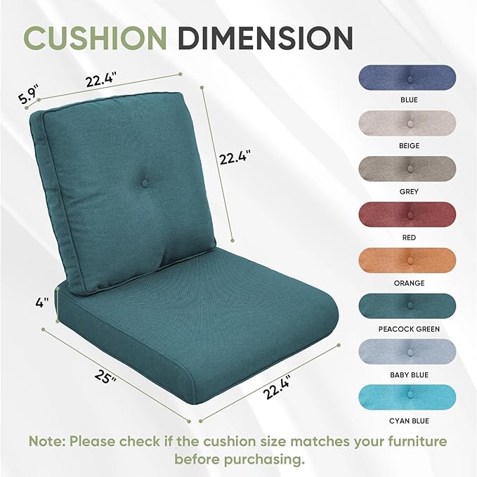 Outdoor Chair Cushion Set of 3, Waterproof Outdoor Seat Cushions 25x22 , Patio Chair Cushions for Outdoor Furniture, Couch Cushion Replacement, Include 3 Back & 3 Seat Cushions, Button/PeacockGreen