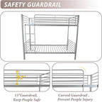 Karl Home Grey Bunk Bed Twin Over Twin, Metal Bunk Bed with Built-in Ladder and Safety Guardrail, Space-Saving Bunk Beds for Kids, Teens & Adults, No Box Spring Needed