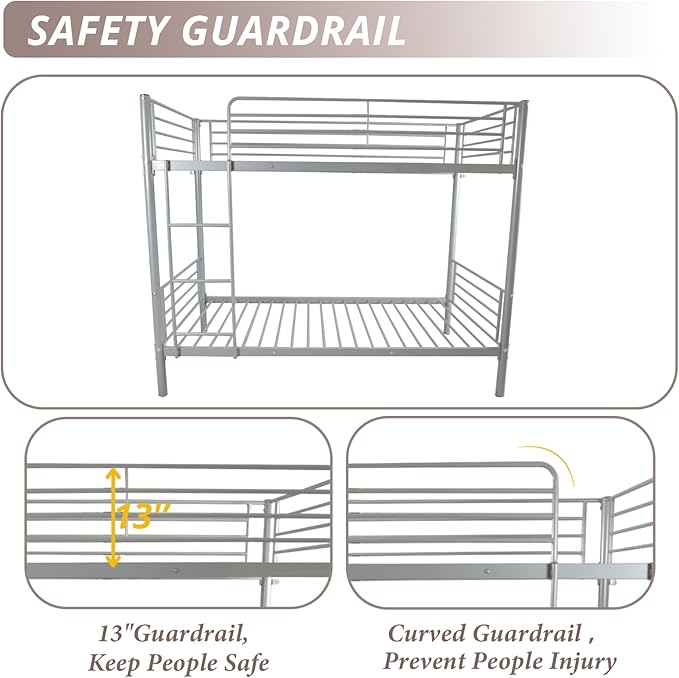 Karl Home Grey Bunk Bed Twin Over Twin, Metal Bunk Bed with Built-in Ladder and Safety Guardrail, Space-Saving Bunk Beds for Kids, Teens & Adults, No Box Spring Needed