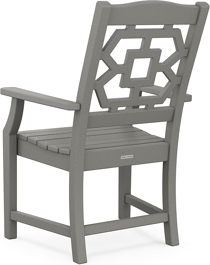 Martha Stewart by POLYWOOD Chinoiserie Outdoor Dining Arm Chair, Slate Grey, Durable HDPE All-Weather, Comfortable Patio Seating with Lattice Back, Backyard, Garden Furniture, Made in The USA